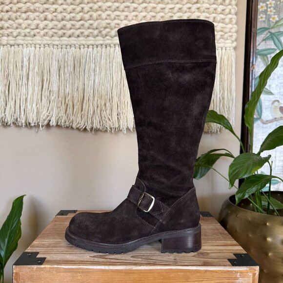 Vintage J. Crew Brown Suede Silver Buckle Inner Zip Lug Sole Knee High Boots - Picture 5 of 17